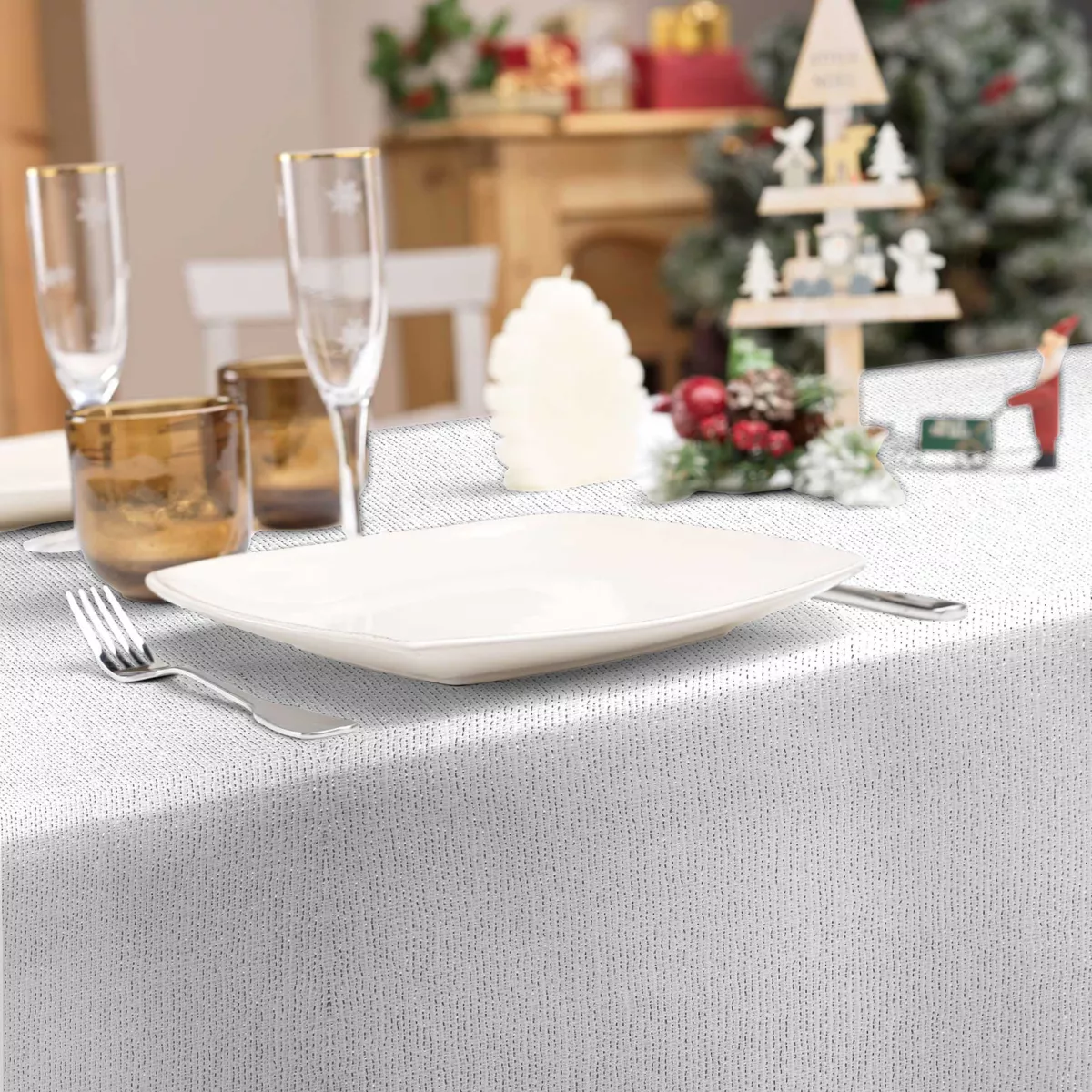 NAPPE RECTANGLE 140 x 300 CM POLYESTER UNI+FILS METALLISES STRASS ARGENT