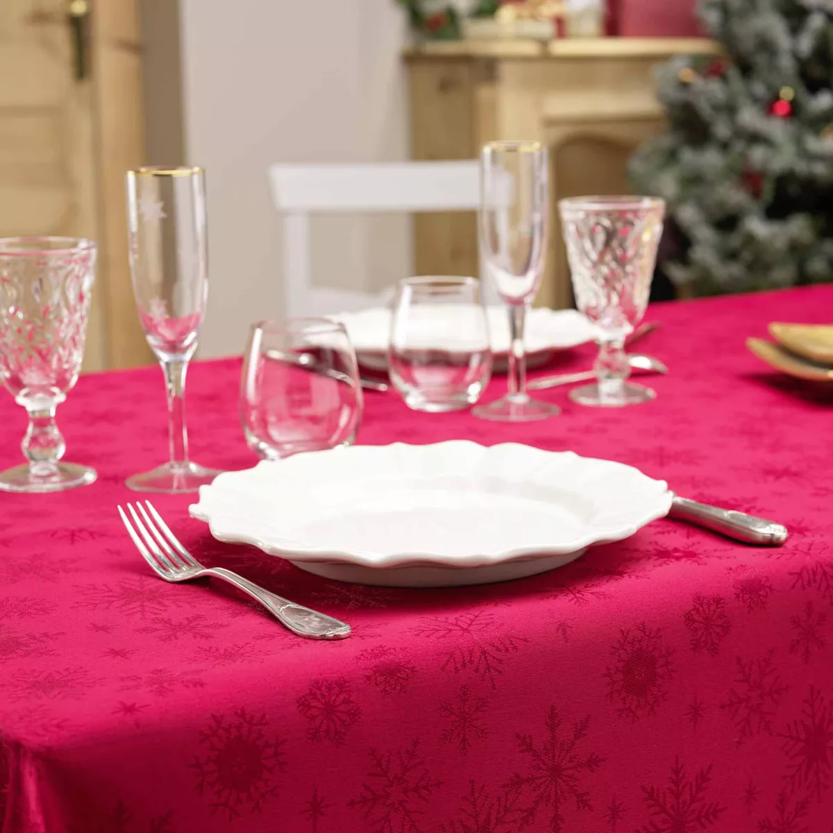 NAPPE RECTANGLE 140 x 300 CM JACQUARD FLOCONS ROUGE