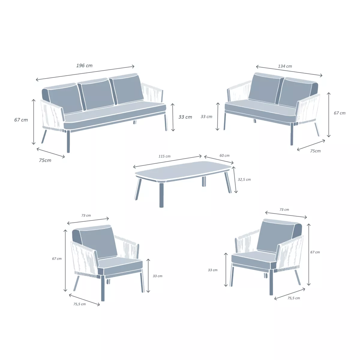 Salon de jardin en aluminium 7 places 5 pcs Amalfi Gris anthracite et gris clair