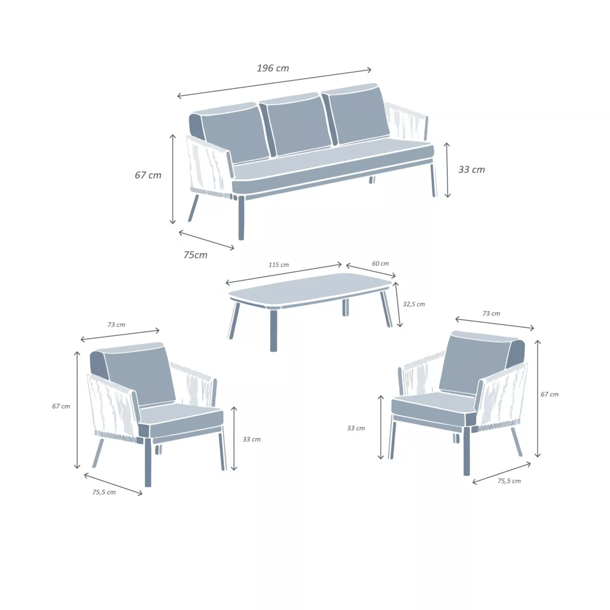 Salon de jardin en aluminium 5 places 4 pcs Amalfi Gris anthracite et gris clair
