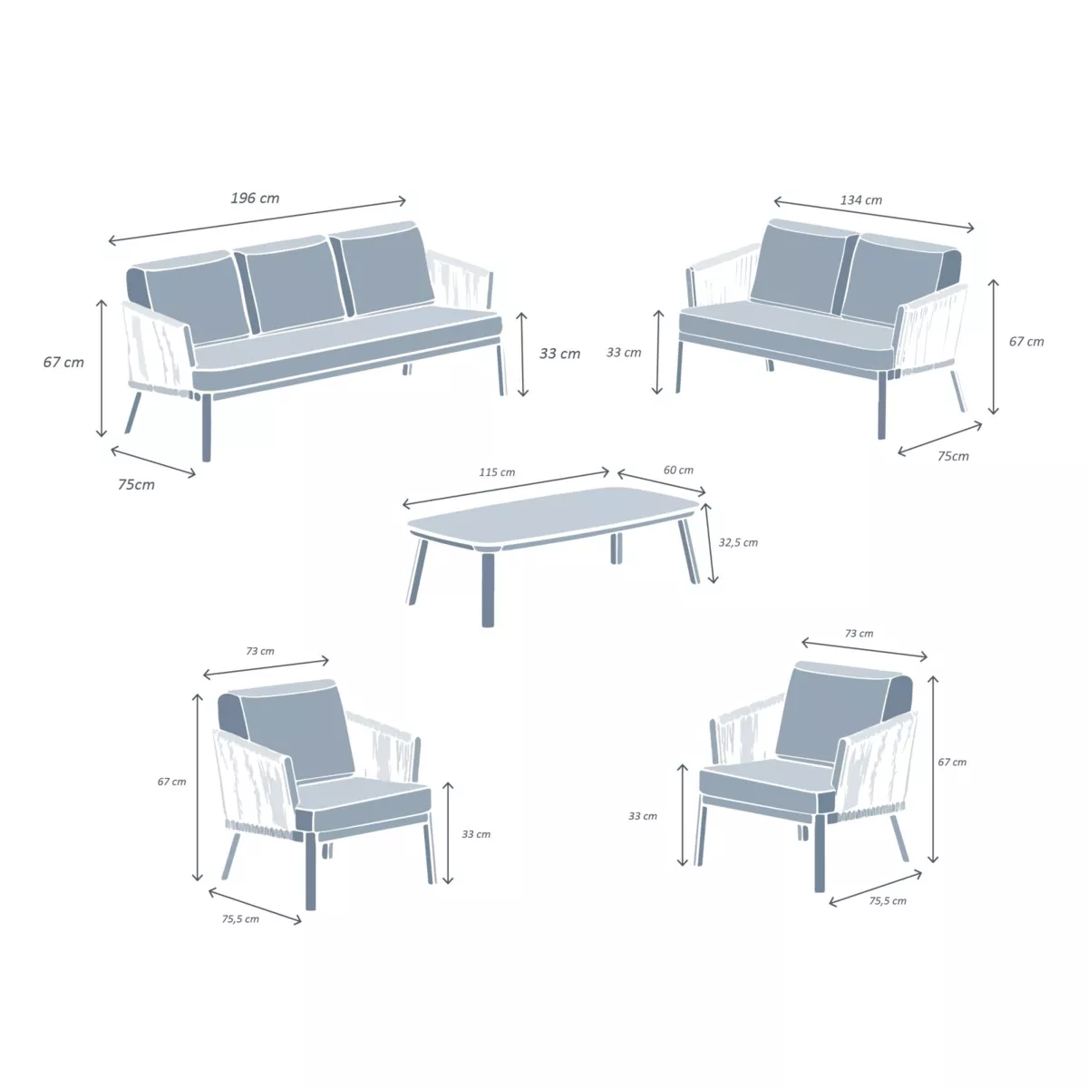 Salon de jardin en aluminium 7 places 5 pcs Amalfi Gris anthracite