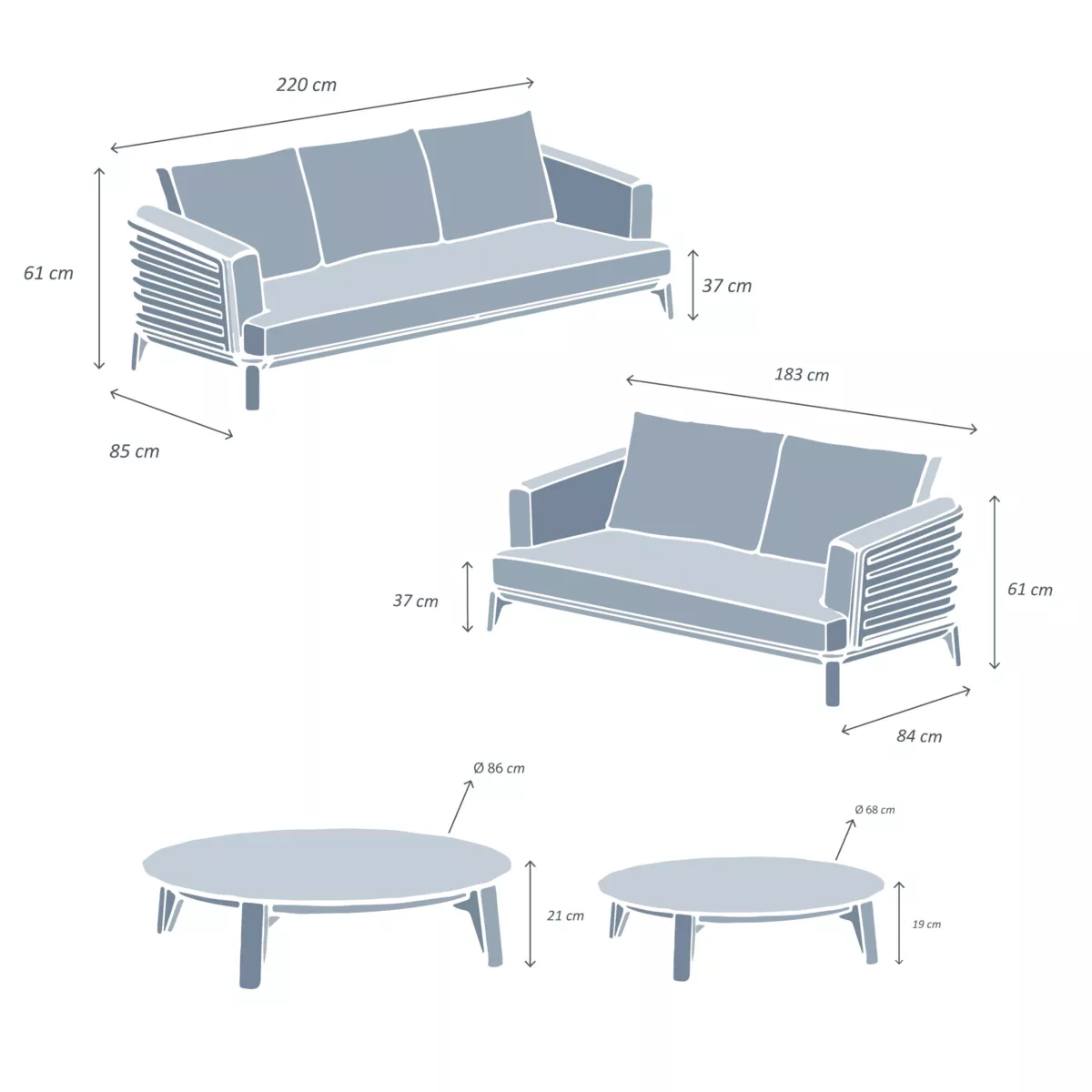 Salon de jardin aluminium 5 places 4 pcs Monte Carlo Blanc et gris clair