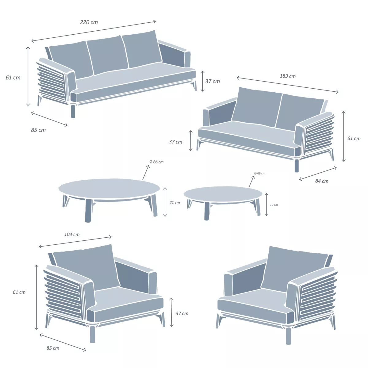 Salon de jardin aluminium 7 places 6 pcs Monte Carlo Blanc et taupe