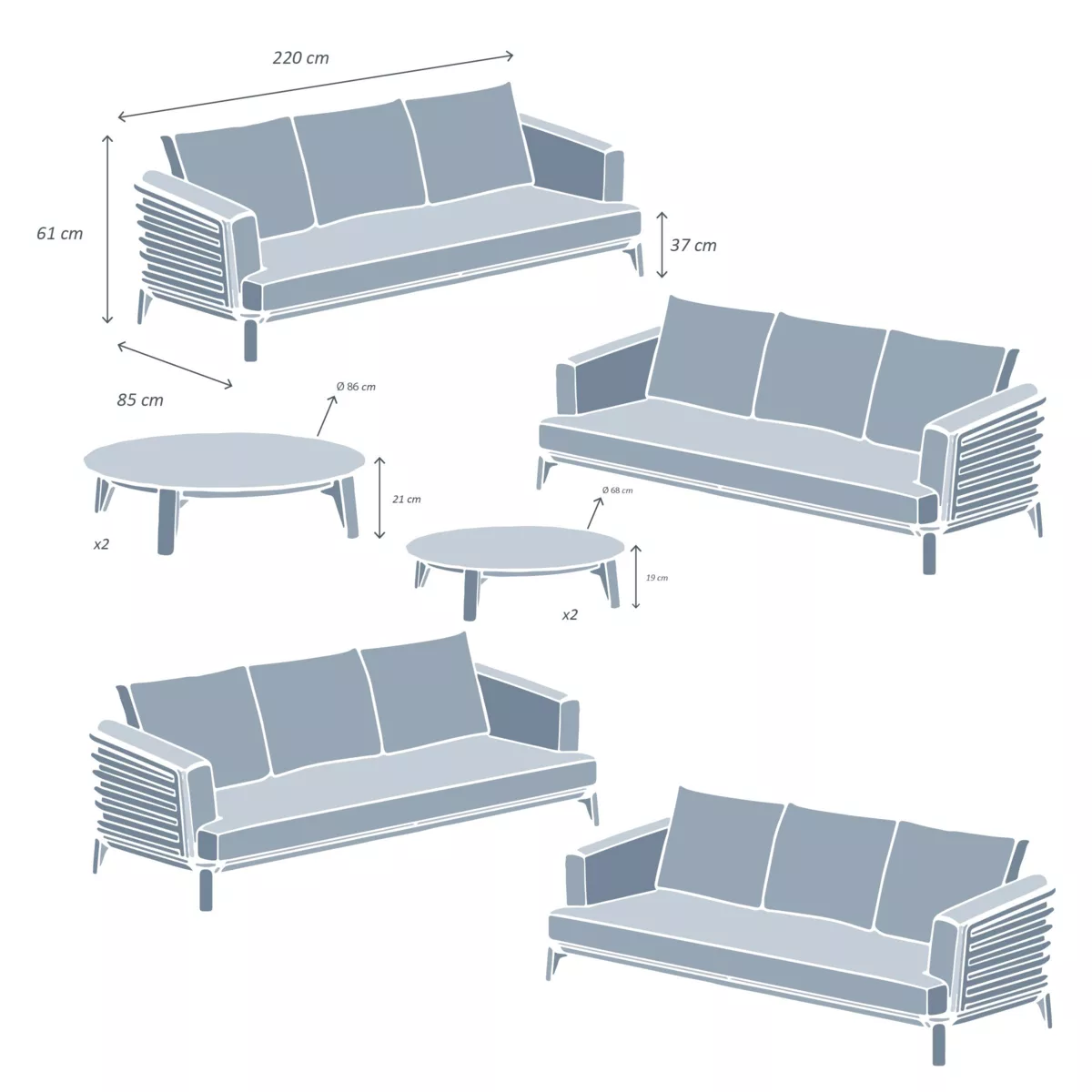 Salon de jardin aluminium 12 places 8 pcs Monte Carlo Gris anthracite et beige