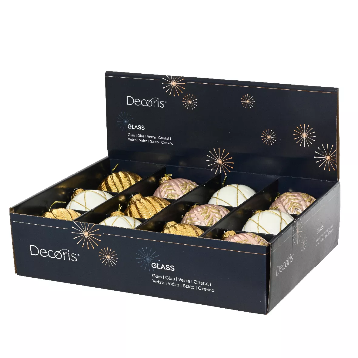 Lot de 12 boules de Noël en verre (D100 mm) Rêverie Or, rose et blanc