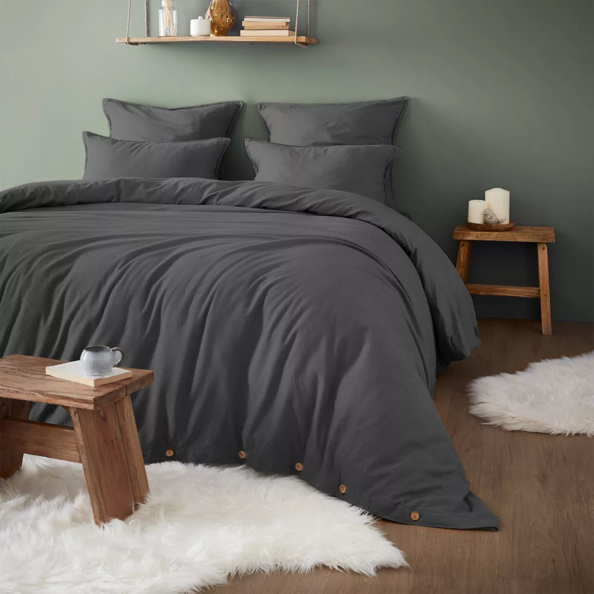 Fodera per cuscino quadrata in flanella di cotone (80 x 80 cm) Nina Grigio antracite