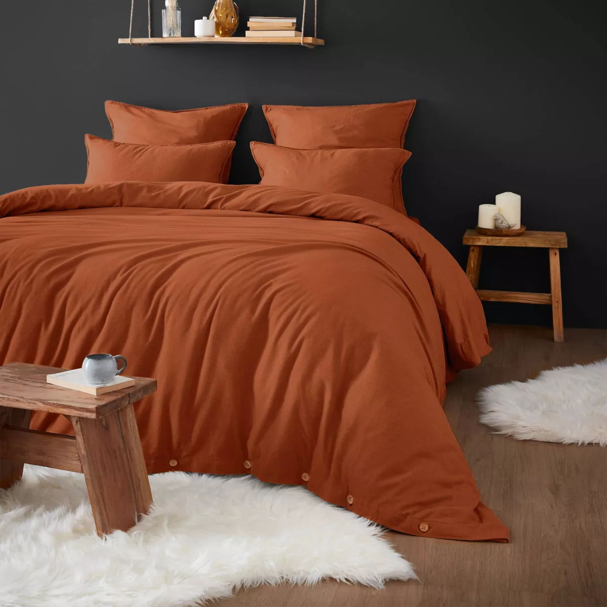 Drap housse flanelle de coton (160 x 200 cm) Nina Terracotta