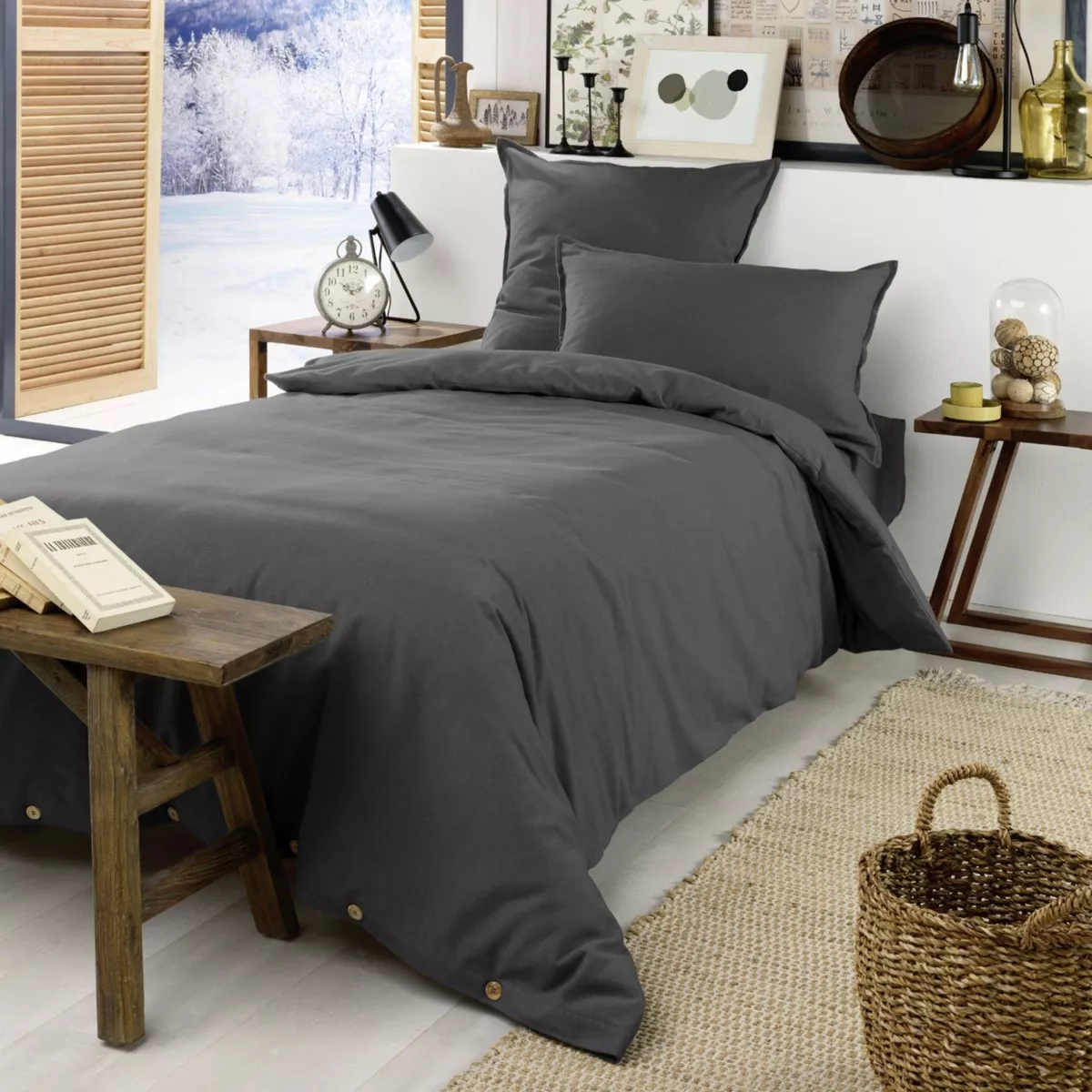 Lenzuolo con angoli in flanella di cotone (90 x 200 cm) Nina Grigio antracite