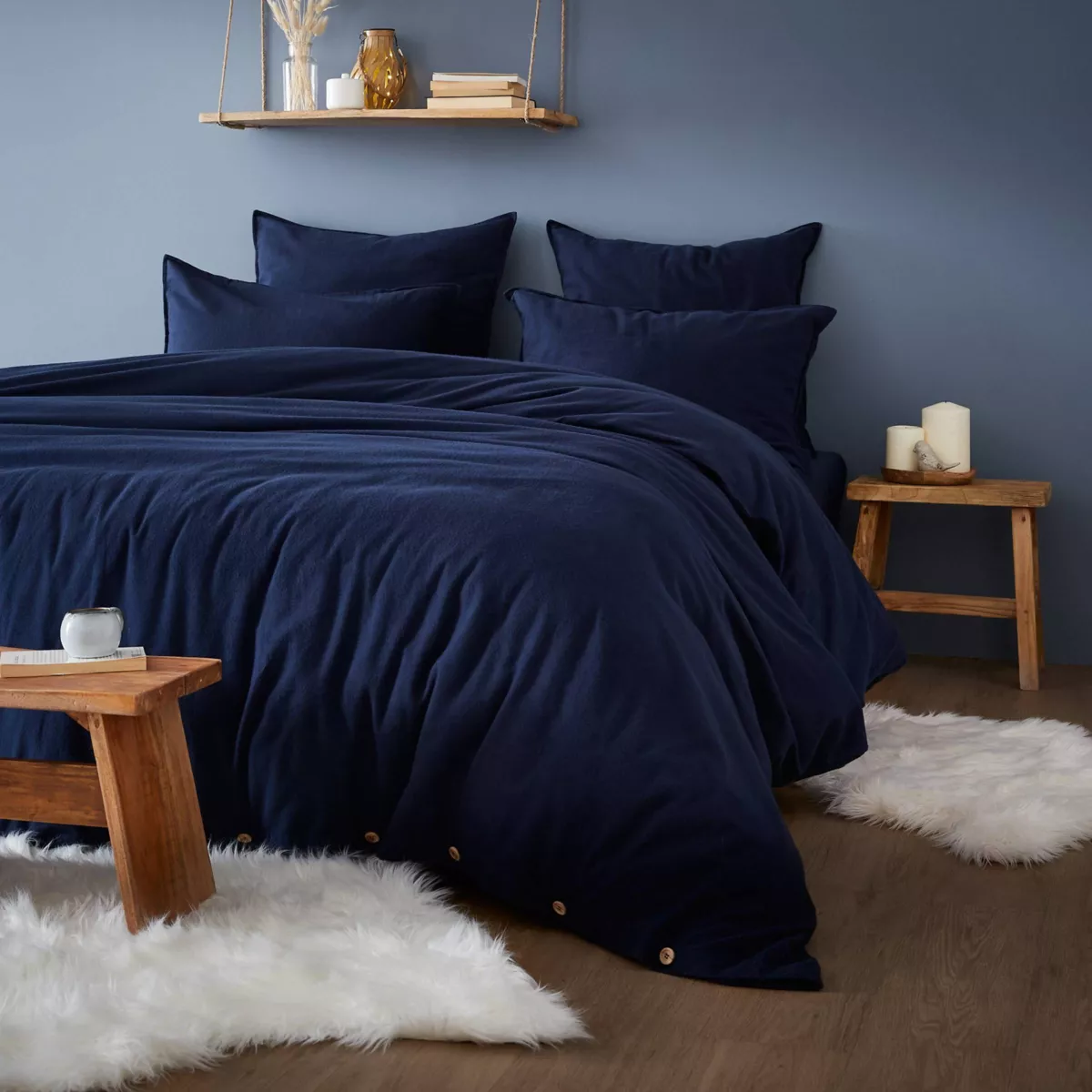 Fodera per guanciale in flanella di cotone (L185 cm) Nina Blu navy