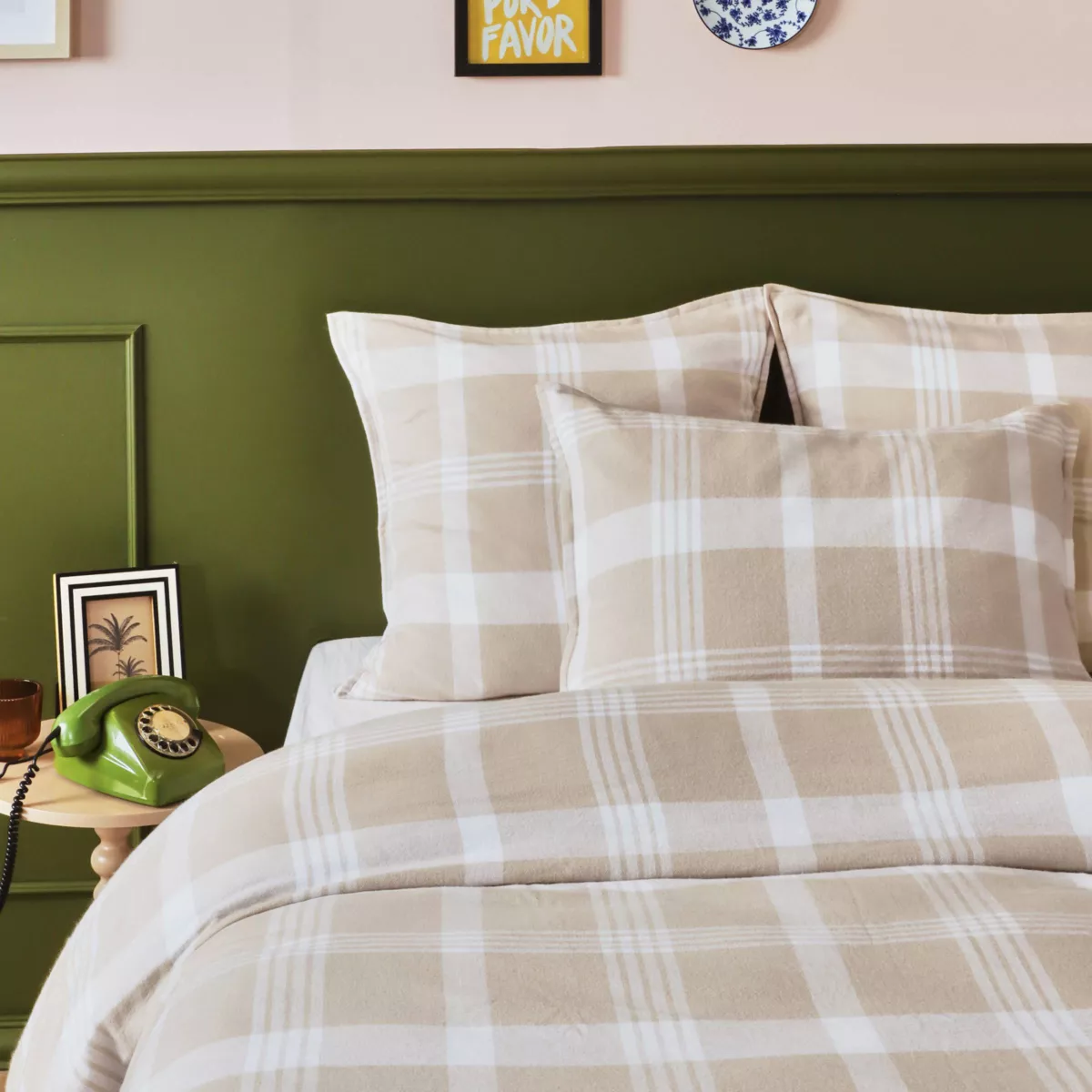 Housse de couette flanelle de coton (260 x 240 cm) Nina carreaux Beige