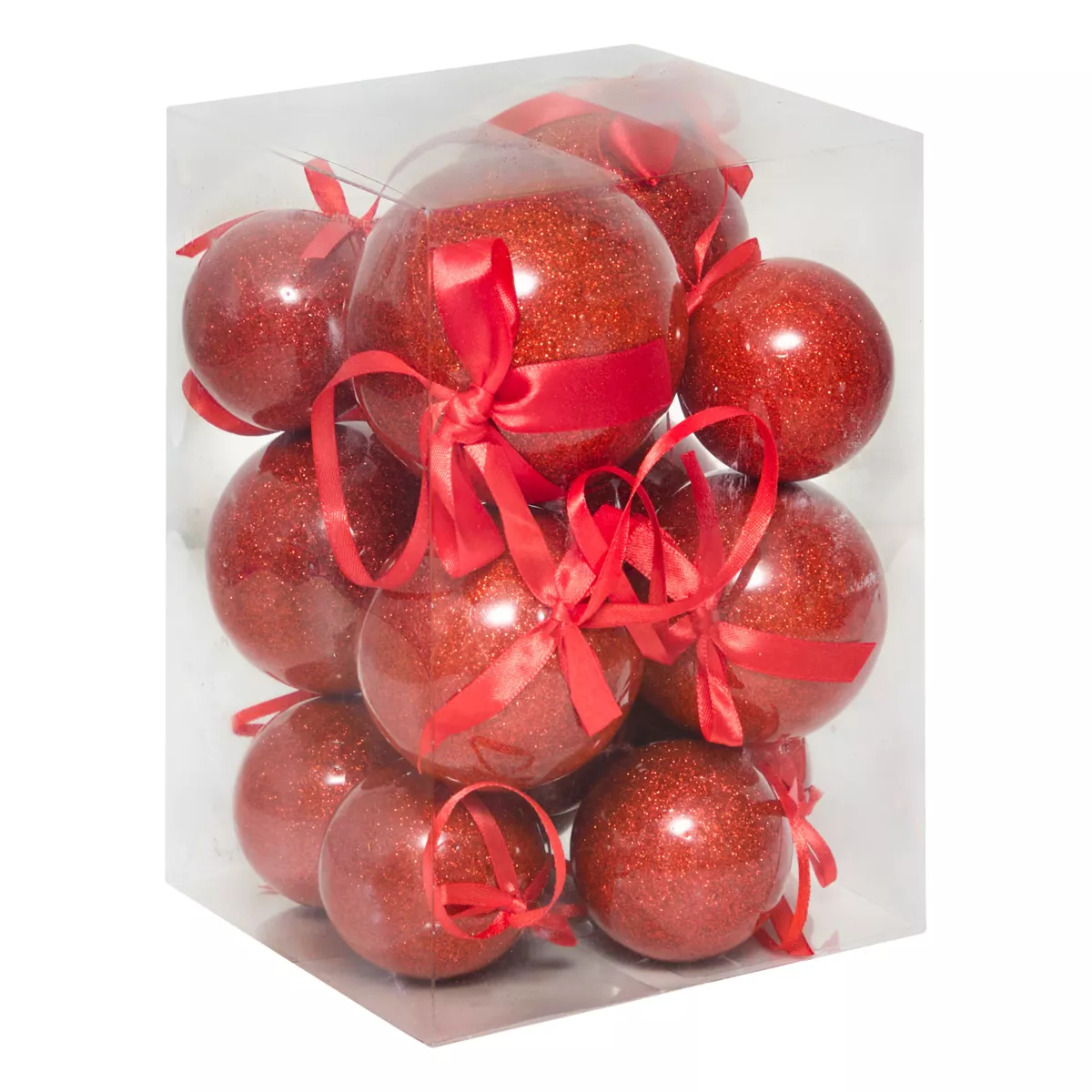 Set di 14 Palline di natale (D150 mm) Glitterate e con Fiocco Rosso