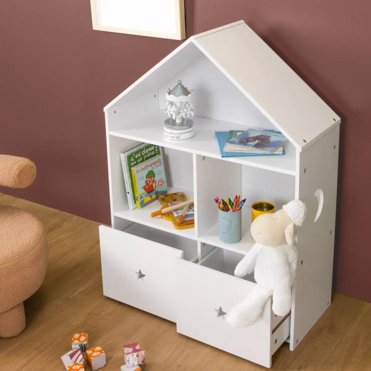 Kinderzimmerregal Holz 3 Ebenen (H97 cm) Stars Weiß