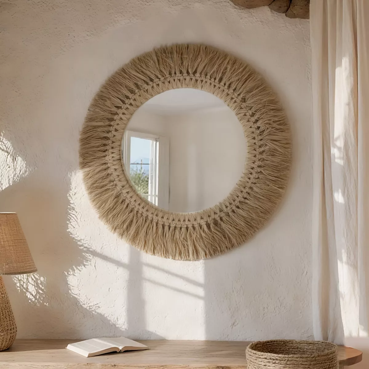 Miroir mural rond en fibres naturelles (D50 cm) Makira Beige