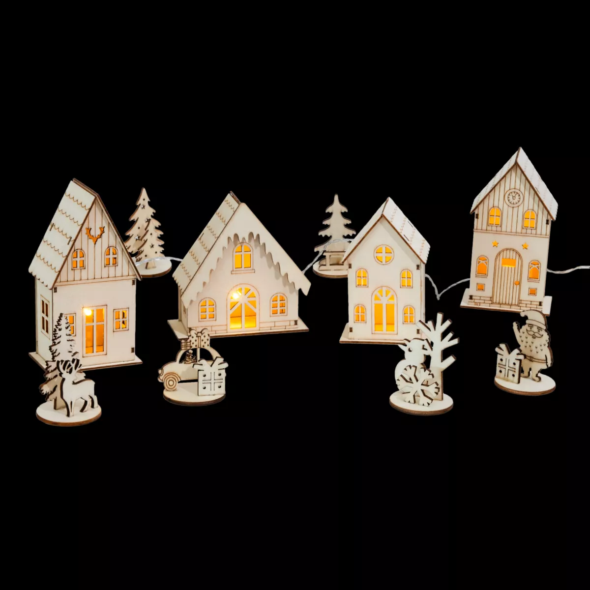 Beleuchtetes Weihnachtsdorf aus Holz batteriebetrieben (H10 cm) Village complet Slovène