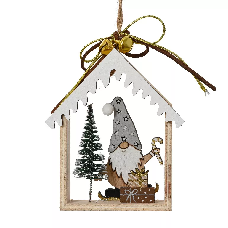 Kersthanger van hout (H11 cm) Huis van de Kerstman Grijs