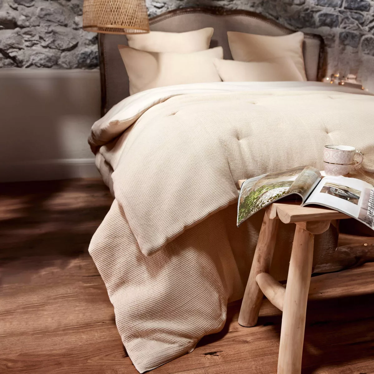 Colcha de algodón con diseño de panal de abeja (90 x 220 cm) Eva Beige