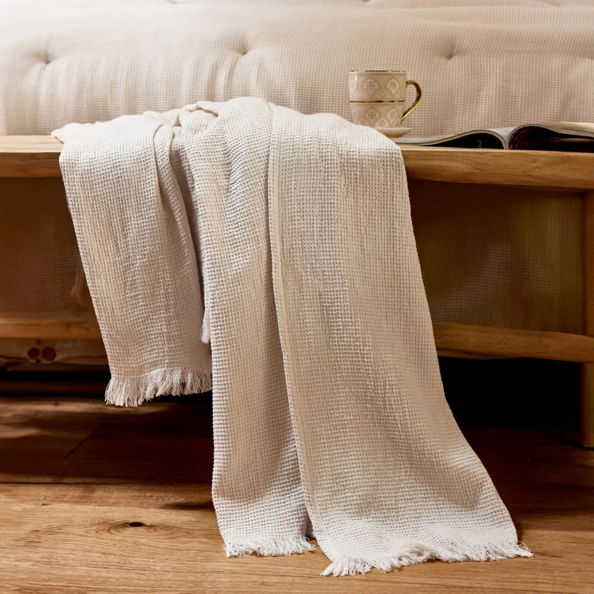 marque eminza - Plaid ˆ franges 180 x 220 cm Nid d'abeille uni EVA Pampa