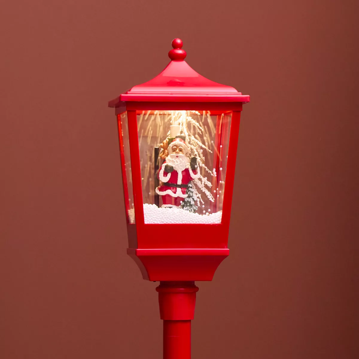 Verlichte en geanimeerde kerstlantaarnpaal 10 LED (H185 cm) Vallende sneeuw Rood