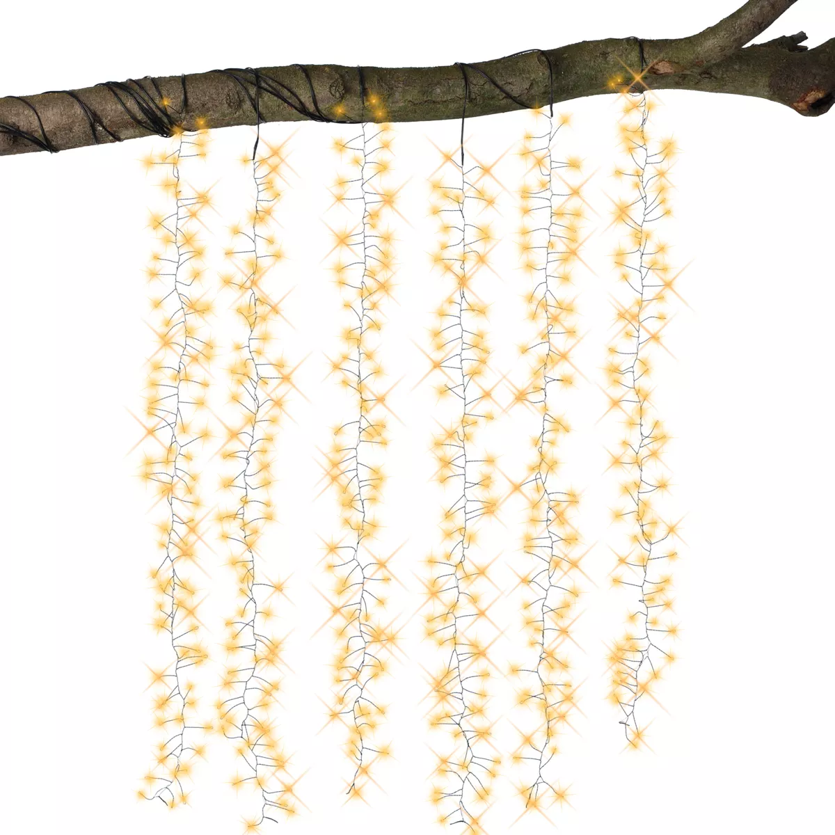 Cascade lumineuse 1 m 600 Micro LED câble noir 6 Descentes Blanc chaud doré