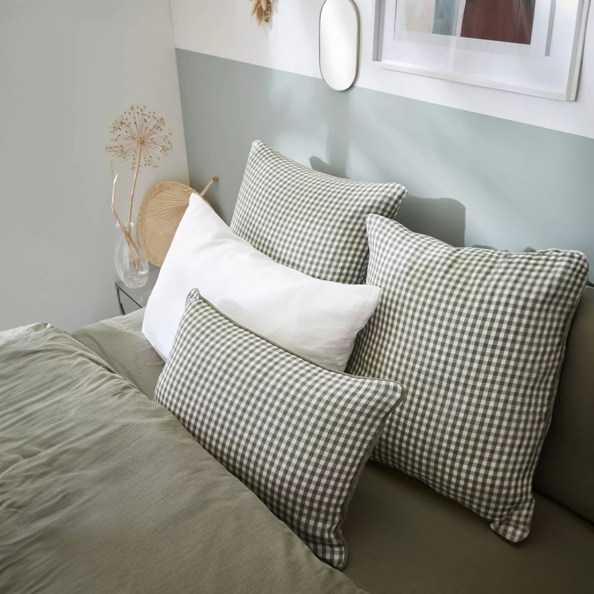 Federa quadrata in garza di cotone (80 x 80 cm) Gaïa Vichy Verde rosmarino