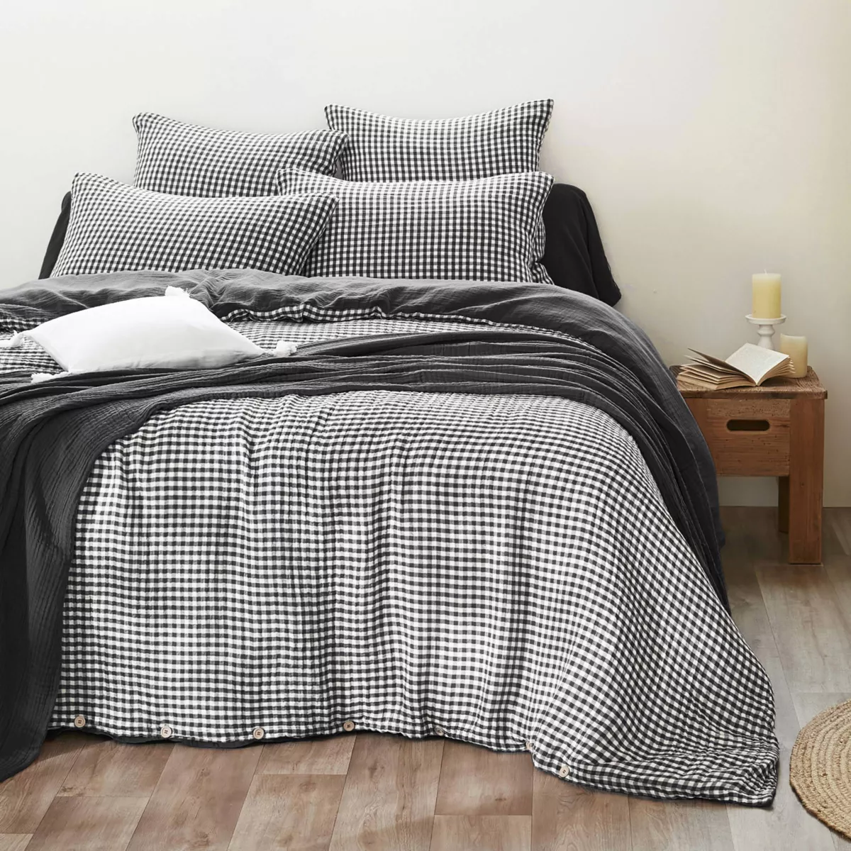 Funda de edredón de algodón gauze (140 x 200 cm) Gaïa vichy Negro