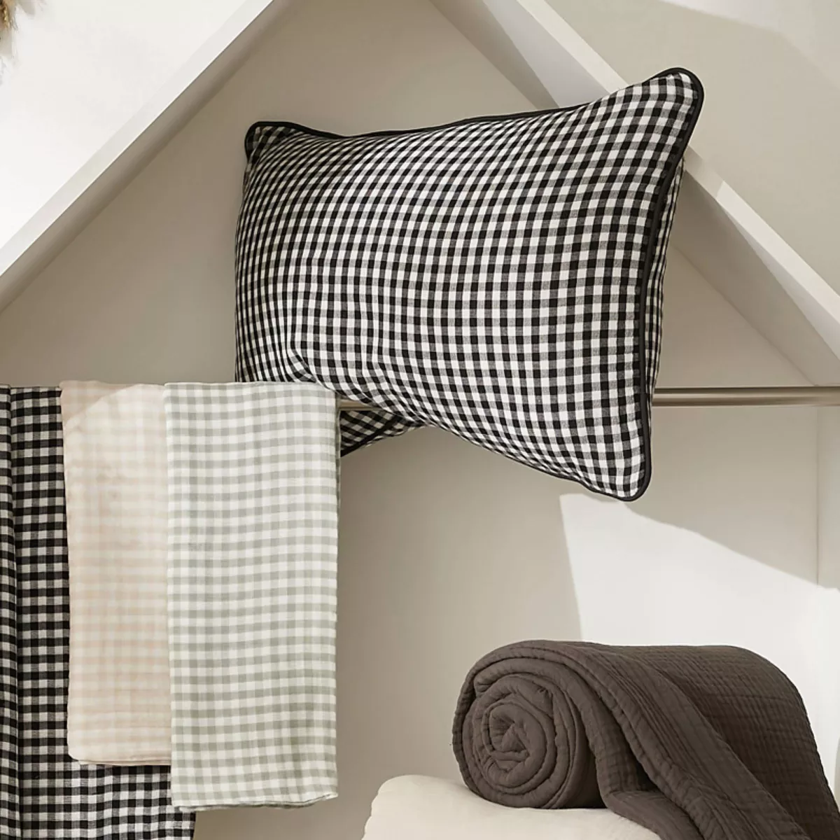 Rechteckiger Kissenbezug aus Baumwollgaze (50 x 80 cm) Gaïa Vichy Beige