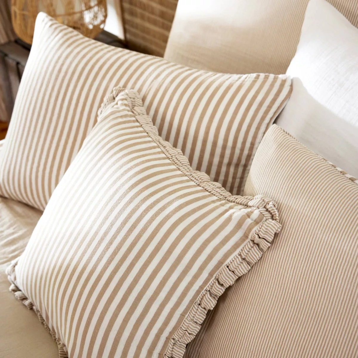 Rechthoekig kussensloop van katoenen gaas (50 x 80 cm) Gaïa strepen Ficelle