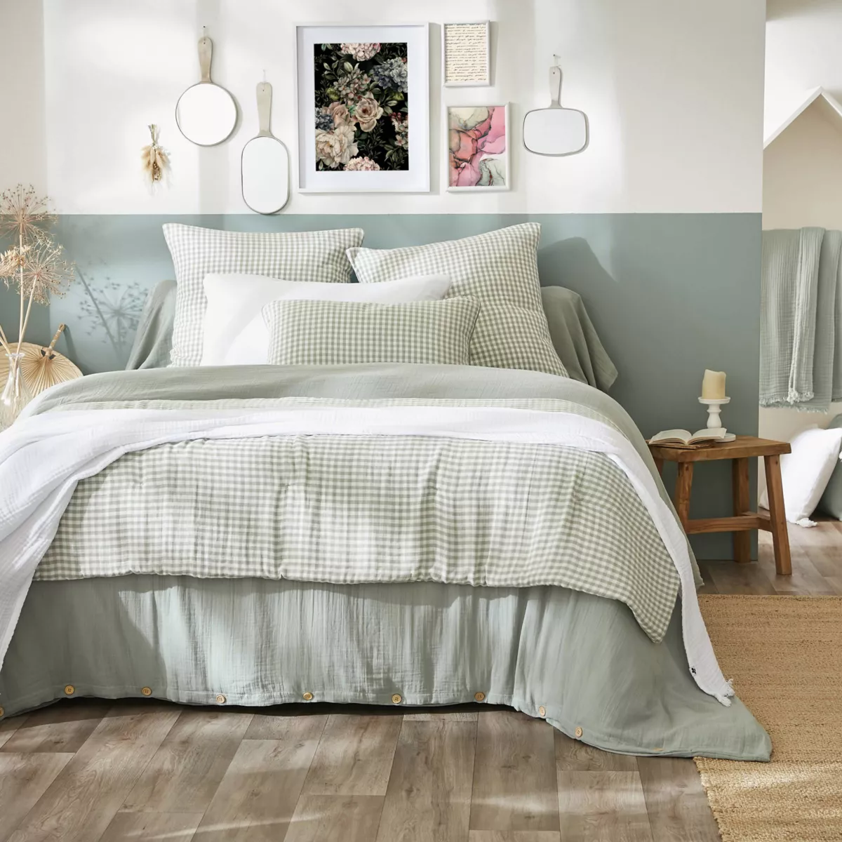 Edredón en gasa de algodón (90 x 200 cm) Vickie Verde eucalipto