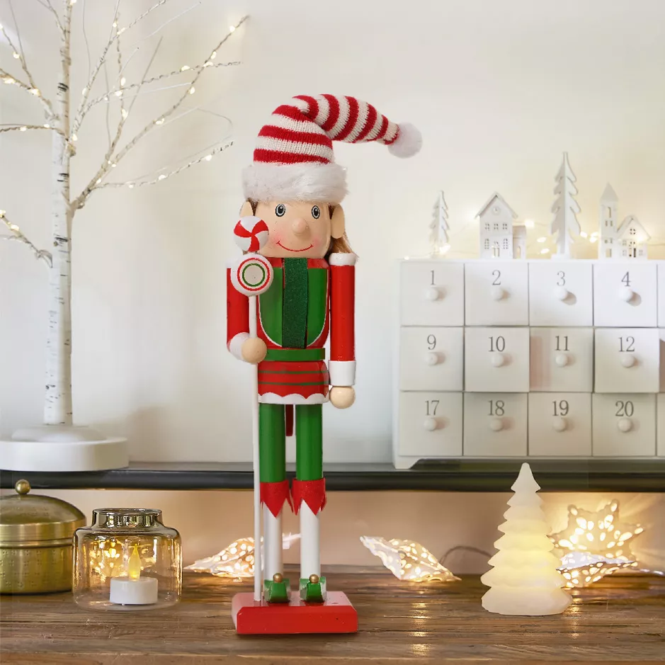 Soldato Schiaccianoci in legno (H30 cm) Folletto di Babbo Natale Rosso e verde