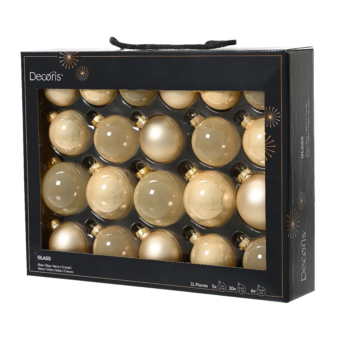 Lot de 21 boules de Noël en verre (D60 à 75 mm) Assorties Cristal Beige