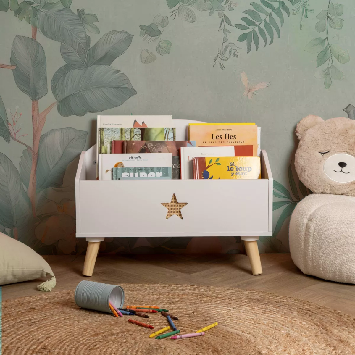 Contenitore porta giocattoli bambino legno (H44 cm) Stars Bianco