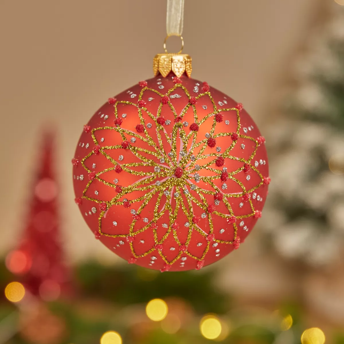 6er set Weihnachtskugeln aus Glas (D80 mm) Fleurs pailletées Rot  1