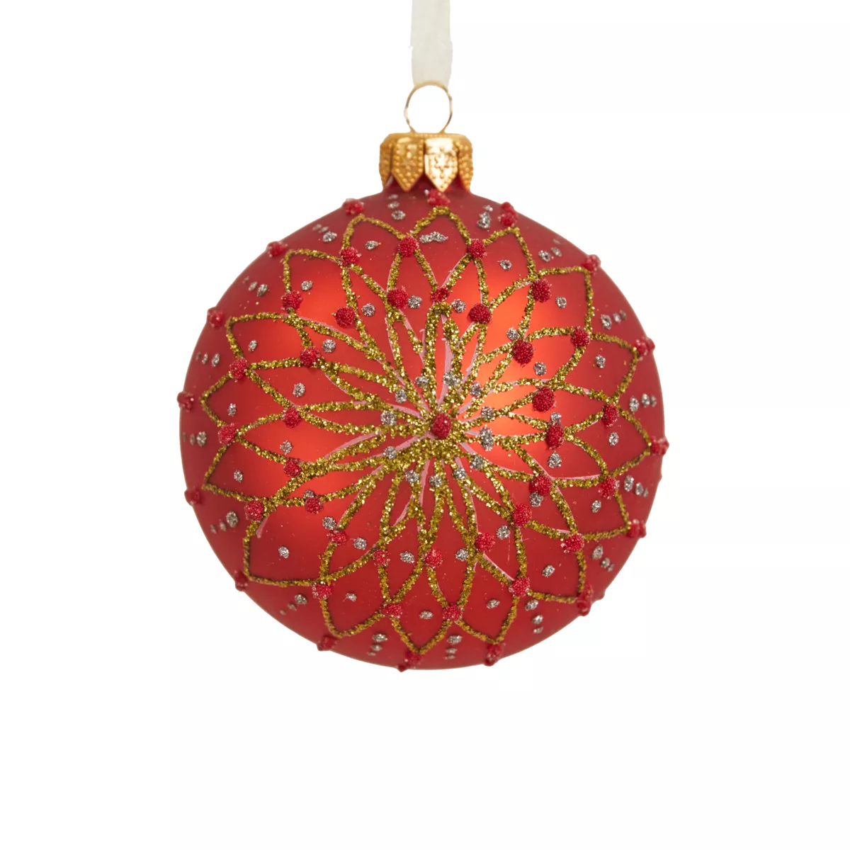 6er set Weihnachtskugeln aus Glas (D80 mm) Fleurs pailletées Rot 