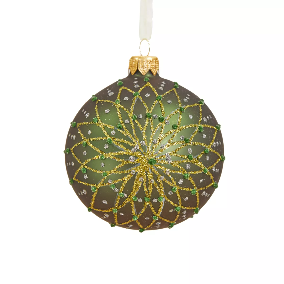 6er set Weihnachtskugeln aus Glas (D80 mm) Pailleten & Strass Tannengrün 