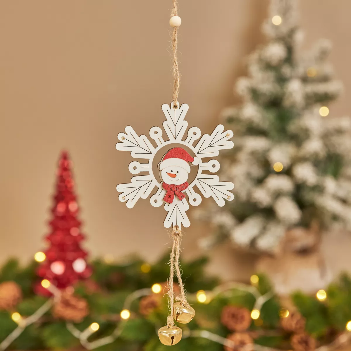 Decorazione natalizia sospesa in legno (D9 cm) Pupazzo di neve e fiocco Bianco