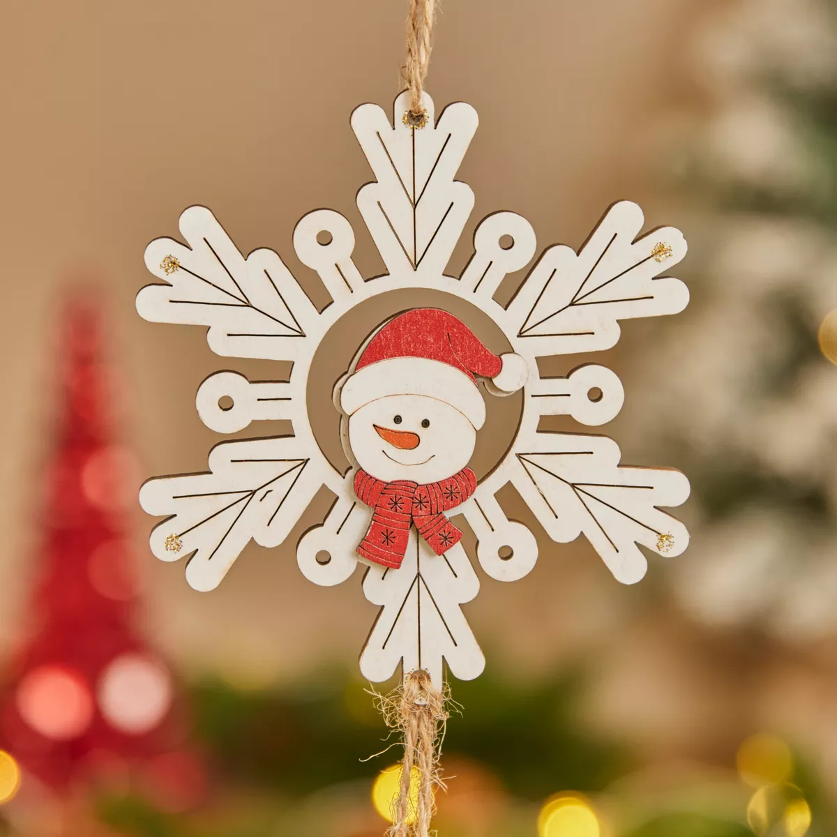 Decorazione natalizia sospesa in legno (D9 cm) Pupazzo di neve e fiocco Bianco