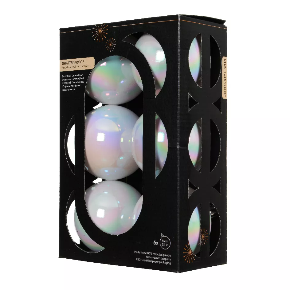 Boite a 6 Boules polystyrene dia8cm blanc/irise ARAVIS (EMBALLAGE 100% RECYCLE certifié fsc)