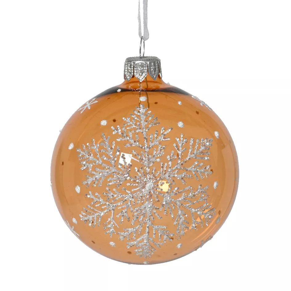 Lot de 6 boules de Noël en verre (D80 mm) Flocon féerique Cognac