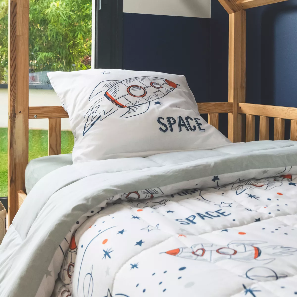 Edredón infantil de algodón estampado (140 x 200 cm) Galaxia Blanca