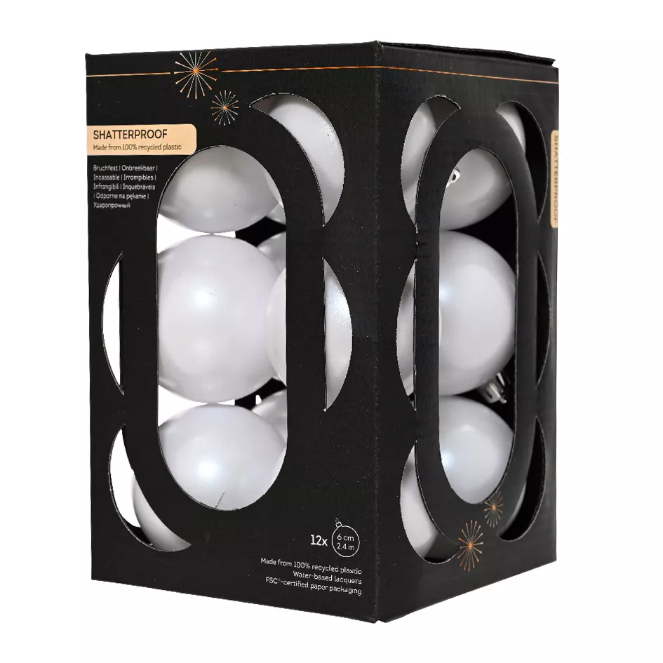 Boite de 12 Boules polystyrene dia6cm blanc d hiver ARAVIS (EMBALLAGE 100% RECYCLE certifié fsc)