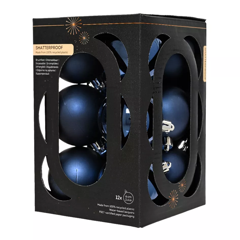 Boite de 12 Boules polystyrene dia6cm bleu nuit ARAVIS (EMBALLAGE 100% RECYCLE certifié fsc)