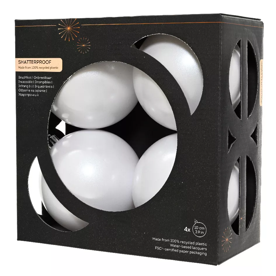 Boite a 4 Boules polystyrene dia10.00cm blanc d hiver ARAVIS (EMBALLAGE 100% RECYCLE certifié fsc)