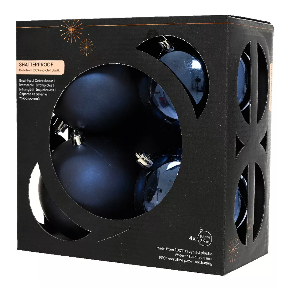 Boite a 4 Boules polystyrene dia10cm bleu nuit ARAVIS (EMBALLAGE 100% RECYCLE certifié fsc)