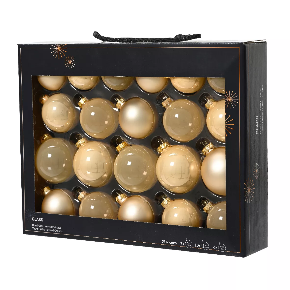 Lot de 21 boules de Noël en verre (D60 à 75 mm) Assorties Cristal Beige