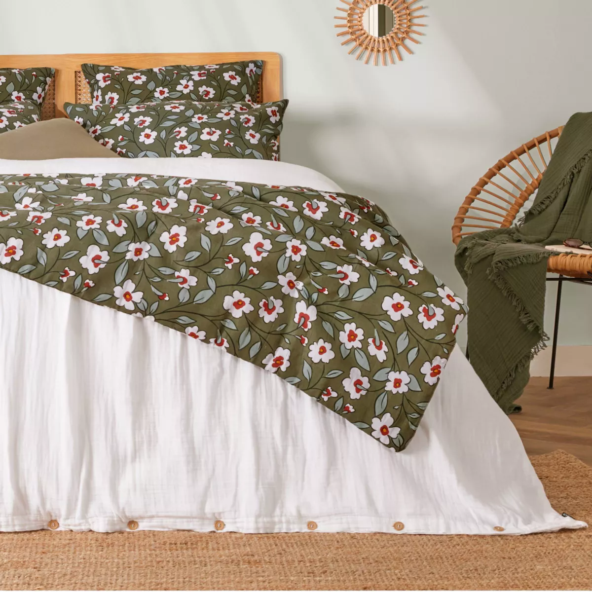 Edredón de gasa de algodón (90 x 200 cm) Gaïa margarita Verde romero