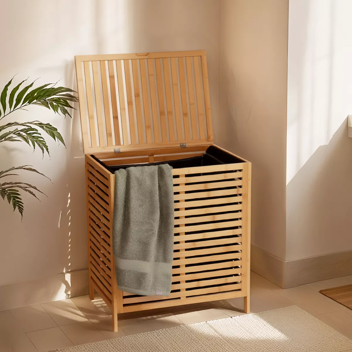 Wasmand Met 2 Vakken - Wassorteerder - Bamboe Wasmand Uitneembare Binnenzak Afneembaar Deksel 100 Liter Inhoud Naturel Kleur 52 X 32 X 60 Cm Wasmand Met Deksel Wasbare Binnenzak