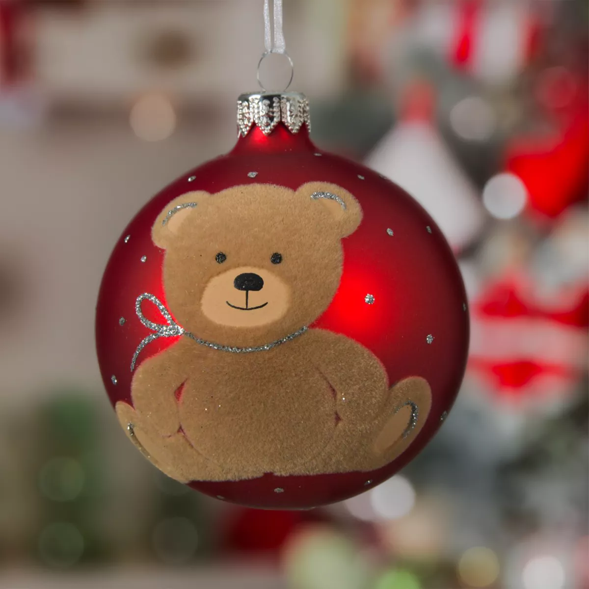 Lot de 6 boules de Noël en verre (D80 mm) Teddy Rouge  1