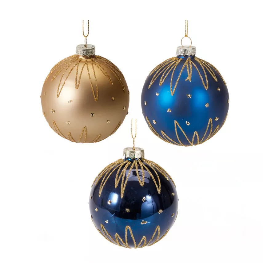 Lot de 12 boules de Noël en verre (D80 mm) Trésors de Minuit Bleu nuit et doré