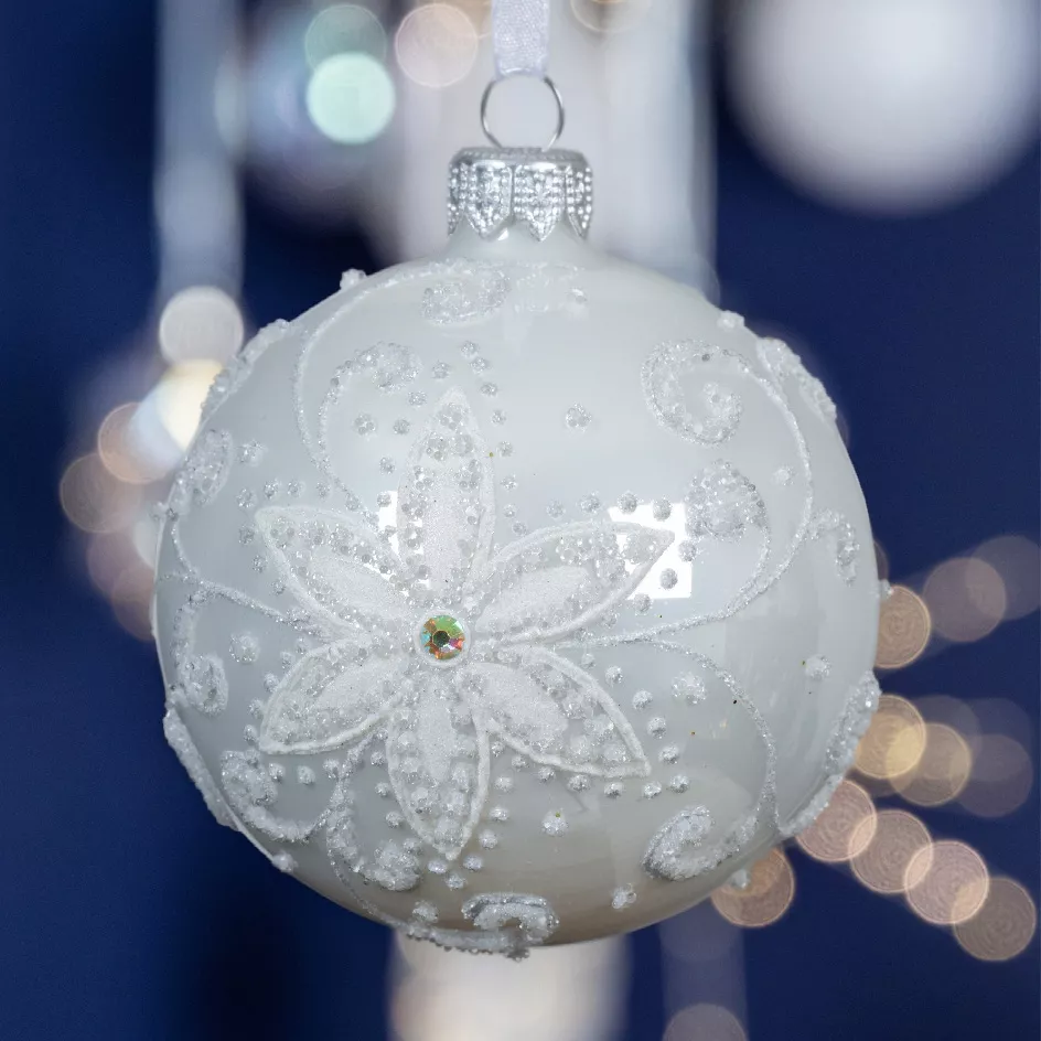 6er Set Weihnachtskugeln aus Glas (D80 mm) Porzellanblume Weiß