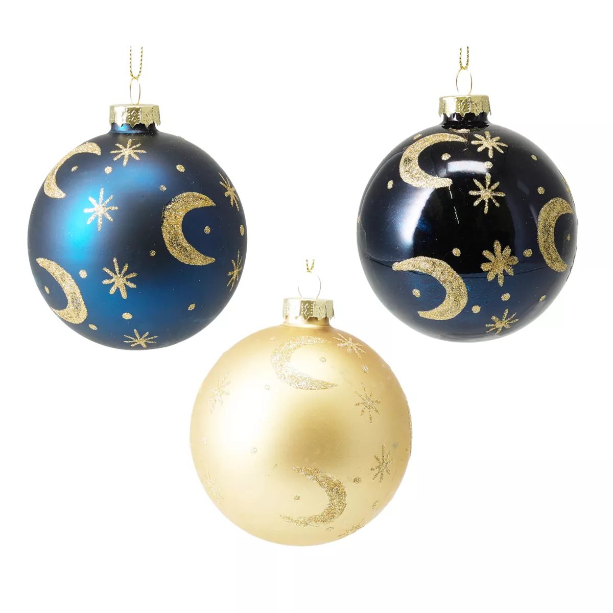 Lot de 12 boules de Noël en verre (D80 mm) Moon Bleu nuit et doré